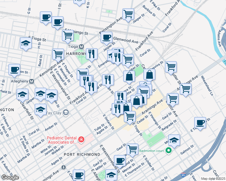 map of restaurants, bars, coffee shops, grocery stores, and more near 2129 East Tioga Street in Philadelphia