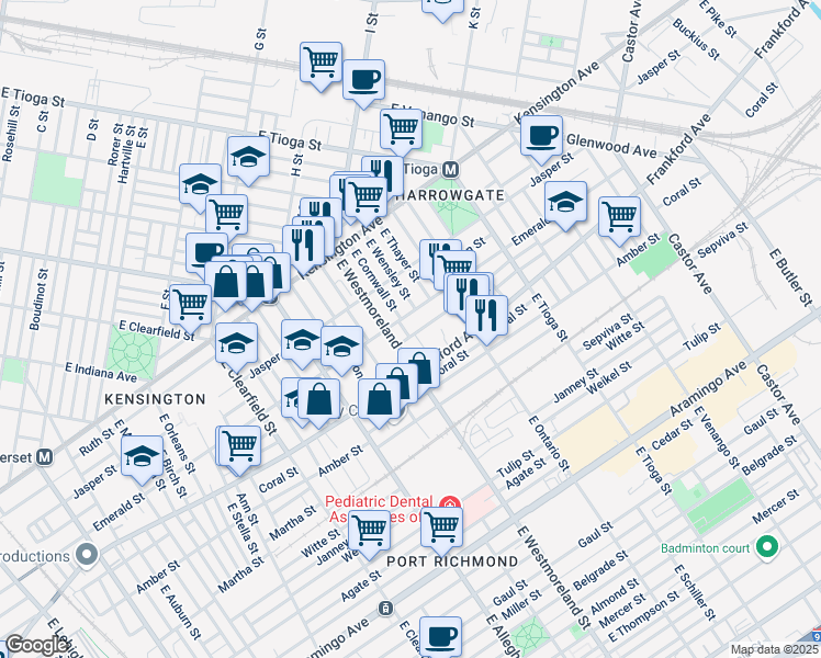 map of restaurants, bars, coffee shops, grocery stores, and more near 3333 Emerald Street in Philadelphia