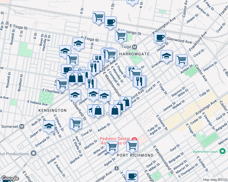 map of restaurants, bars, coffee shops, grocery stores, and more near 1916 East Westmoreland Street in Philadelphia