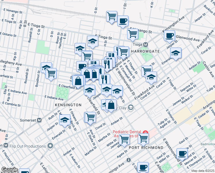 map of restaurants, bars, coffee shops, grocery stores, and more near 1829 East Allegheny Avenue in Philadelphia