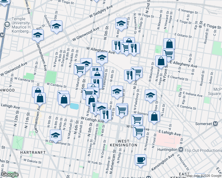 map of restaurants, bars, coffee shops, grocery stores, and more near 2954 North Leithgow Street in Philadelphia