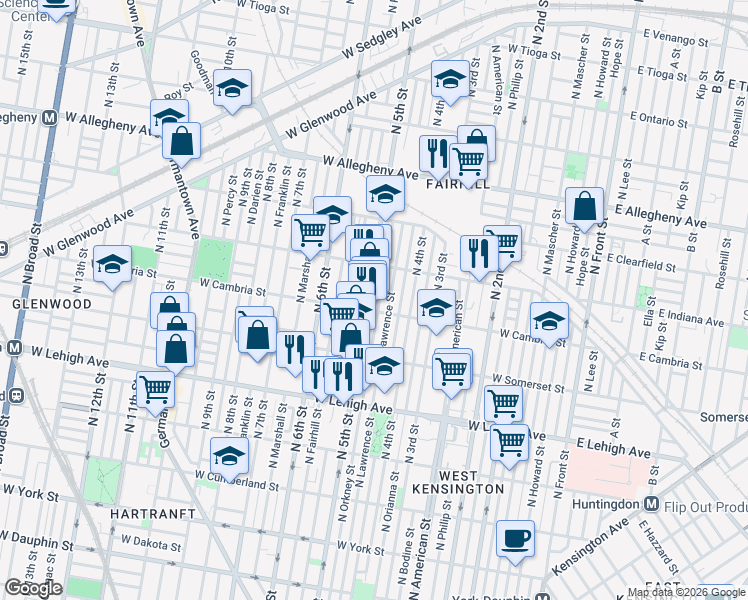 map of restaurants, bars, coffee shops, grocery stores, and more near 2932 North 5th Street in Philadelphia