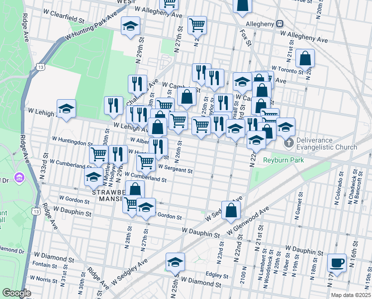 map of restaurants, bars, coffee shops, grocery stores, and more near in Philadelphia
