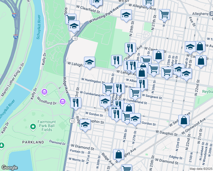 map of restaurants, bars, coffee shops, grocery stores, and more near 2609 North Stanley Street in Philadelphia
