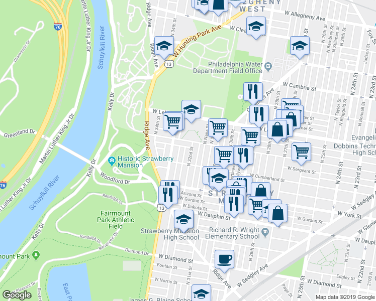 map of restaurants, bars, coffee shops, grocery stores, and more near 3234 West Huntingdon Street in Philadelphia