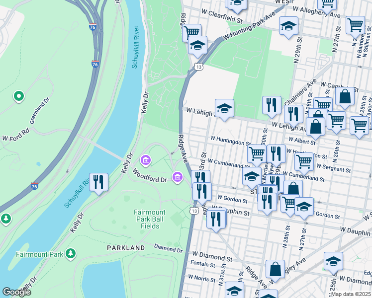 map of restaurants, bars, coffee shops, grocery stores, and more near 3421 Ridge Avenue in Philadelphia
