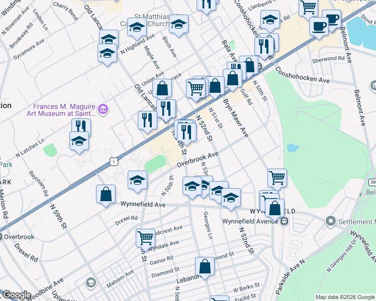 map of restaurants, bars, coffee shops, grocery stores, and more near 2481 North 54th Street in Philadelphia