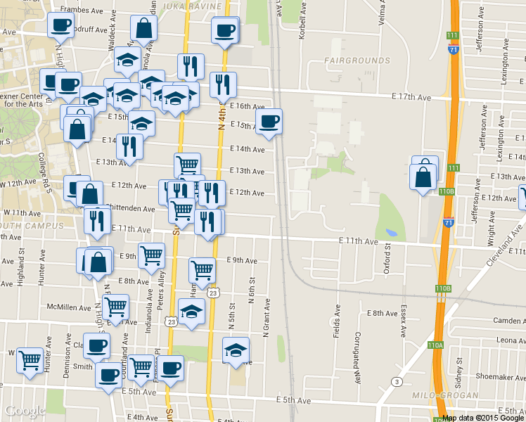 map of restaurants, bars, coffee shops, grocery stores, and more near 395 East 12th Avenue in Columbus
