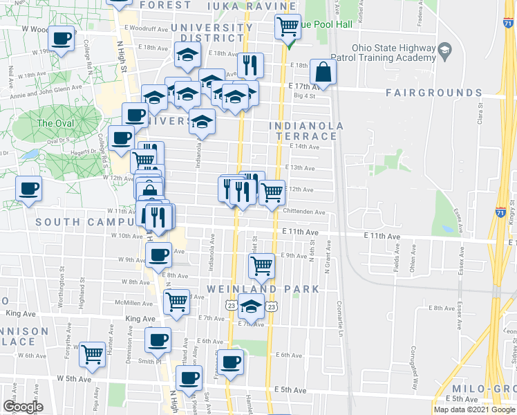 map of restaurants, bars, coffee shops, grocery stores, and more near in Columbus
