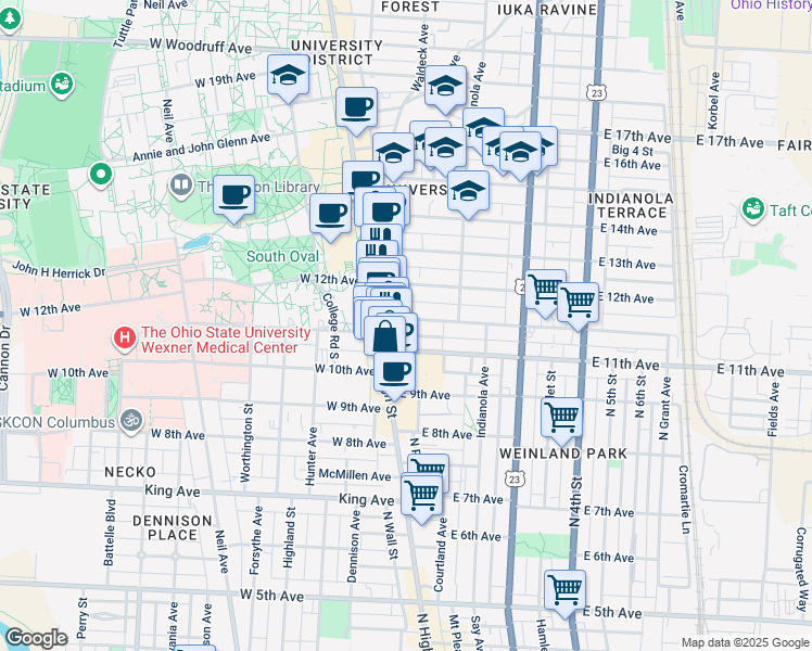 map of restaurants, bars, coffee shops, grocery stores, and more near 60 Chittenden Avenue in Columbus