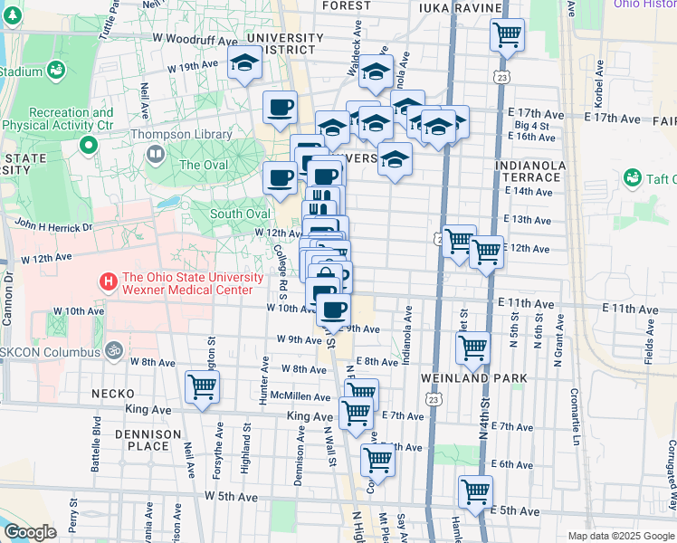 map of restaurants, bars, coffee shops, grocery stores, and more near 1646 North High Street in Columbus