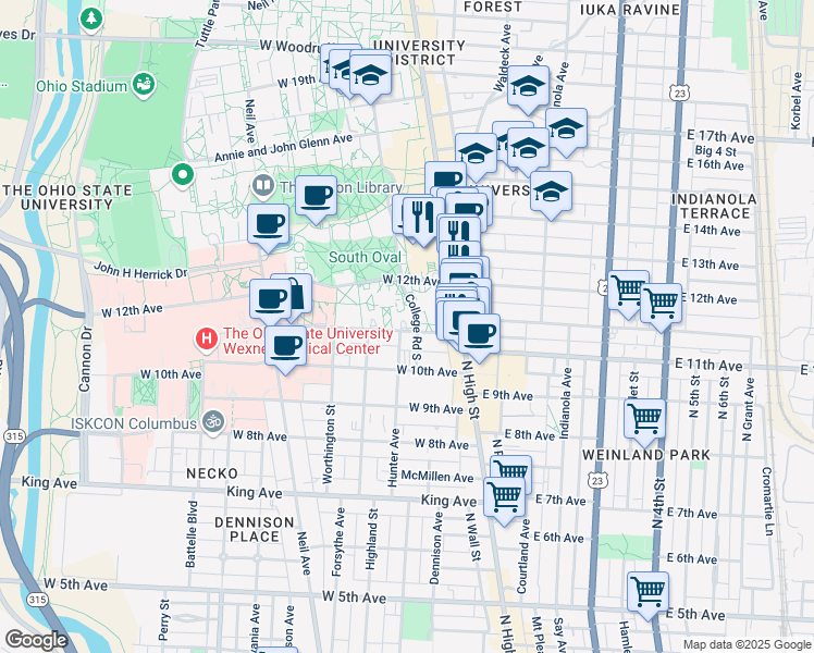 map of restaurants, bars, coffee shops, grocery stores, and more near 92 West 11th Avenue in Columbus