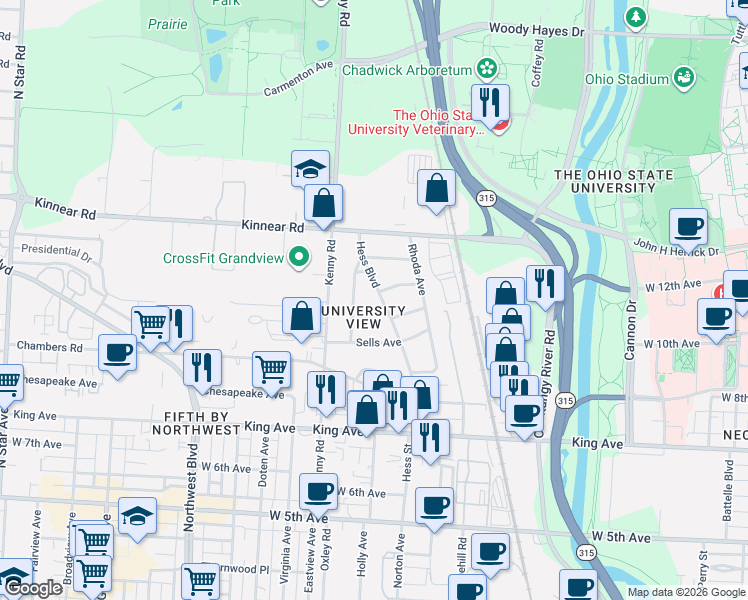 map of restaurants, bars, coffee shops, grocery stores, and more near 1782 Hess Boulevard in Columbus