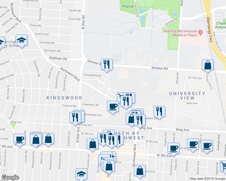 map of restaurants, bars, coffee shops, grocery stores, and more near in Columbus