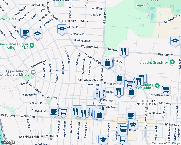 map of restaurants, bars, coffee shops, grocery stores, and more near 1900 Elmwood Avenue in Columbus
