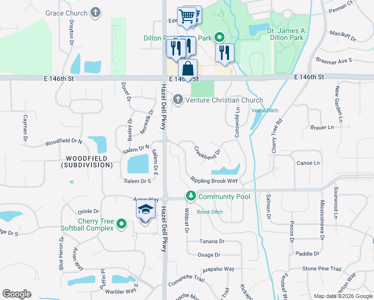 map of restaurants, bars, coffee shops, grocery stores, and more near 5323 Creekbend Drive in Carmel