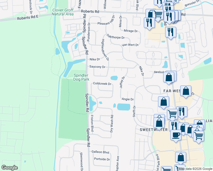 map of restaurants, bars, coffee shops, grocery stores, and more near 5787 Coldcreek Drive in Hilliard