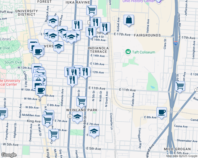 map of restaurants, bars, coffee shops, grocery stores, and more near 370 Chittenden Avenue in Columbus