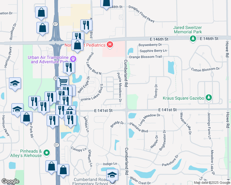 map of restaurants, bars, coffee shops, grocery stores, and more near 14252 Shooting Star Drive in Noblesville