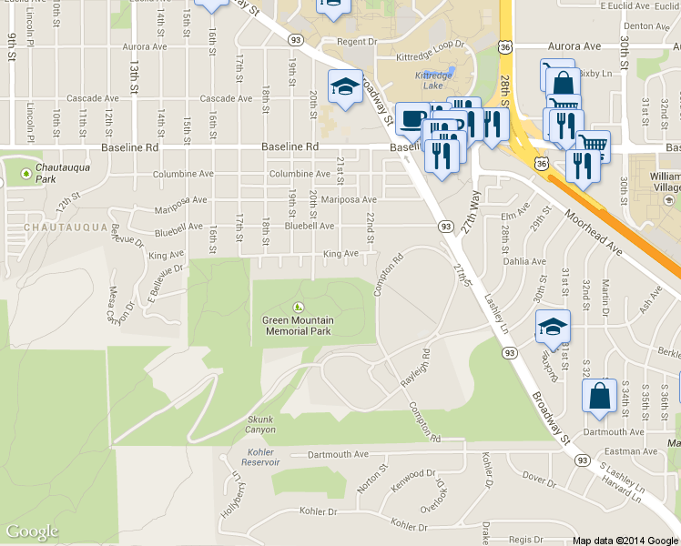 map of restaurants, bars, coffee shops, grocery stores, and more near 280 Devon Place in Boulder