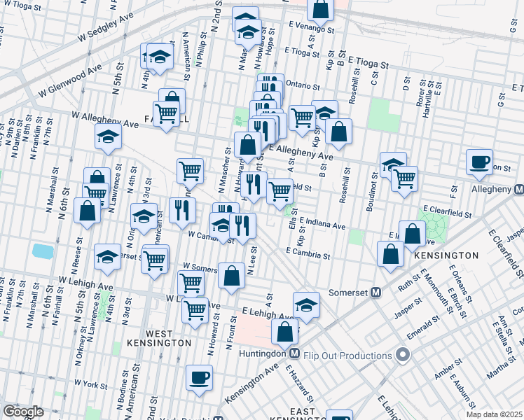 map of restaurants, bars, coffee shops, grocery stores, and more near 3001 North Lee Street in Philadelphia