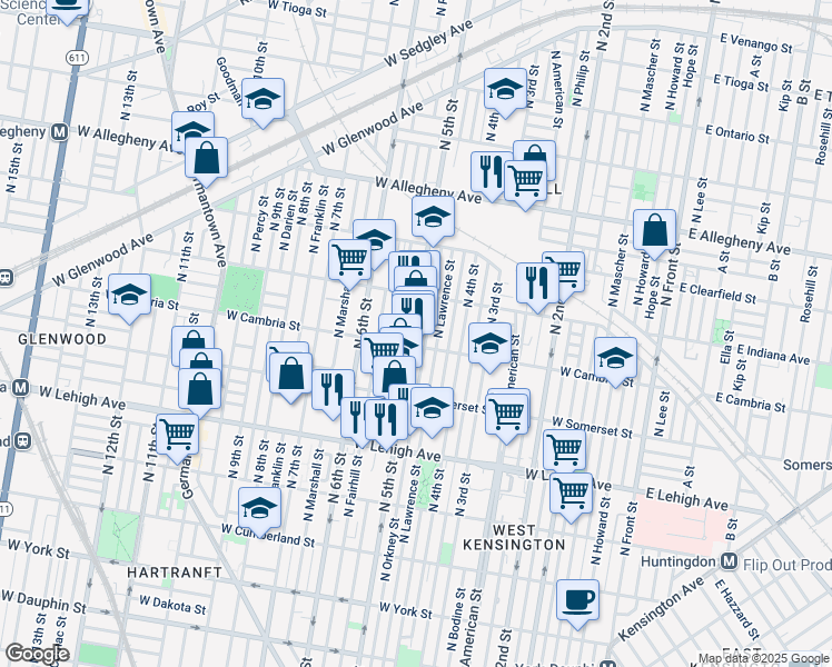 map of restaurants, bars, coffee shops, grocery stores, and more near 2913 North 5th Street in Philadelphia