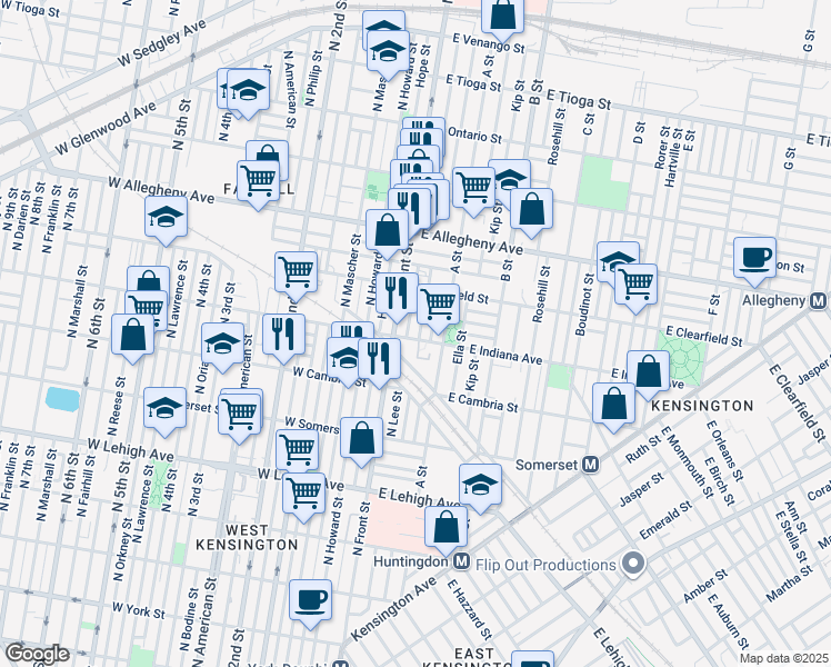 map of restaurants, bars, coffee shops, grocery stores, and more near 3004 North Water Street in Philadelphia