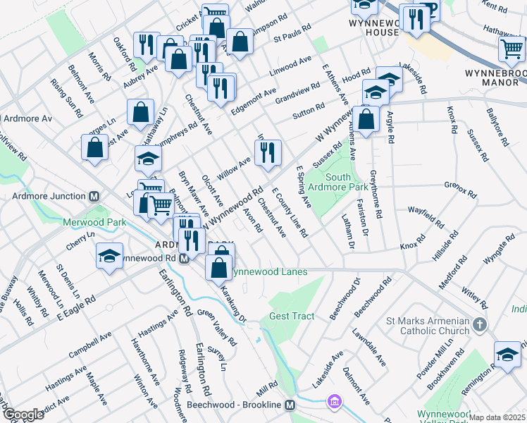 map of restaurants, bars, coffee shops, grocery stores, and more near 2304 Chestnut Avenue in Ardmore