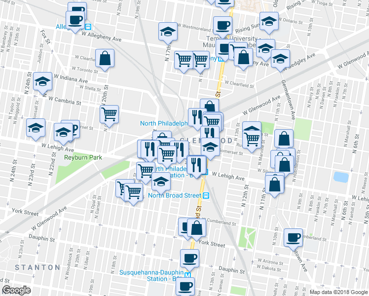 map of restaurants, bars, coffee shops, grocery stores, and more near 2760 North 15th Street in Philadelphia