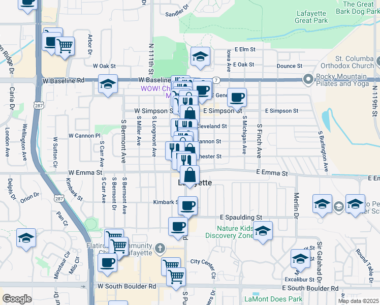 map of restaurants, bars, coffee shops, grocery stores, and more near 104 East Cannon Street in Lafayette