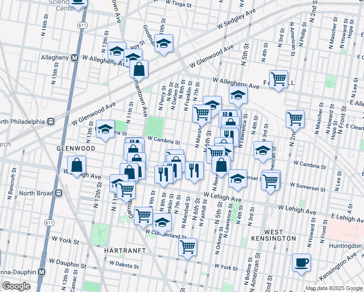 map of restaurants, bars, coffee shops, grocery stores, and more near 714 West Cambria Street in Philadelphia