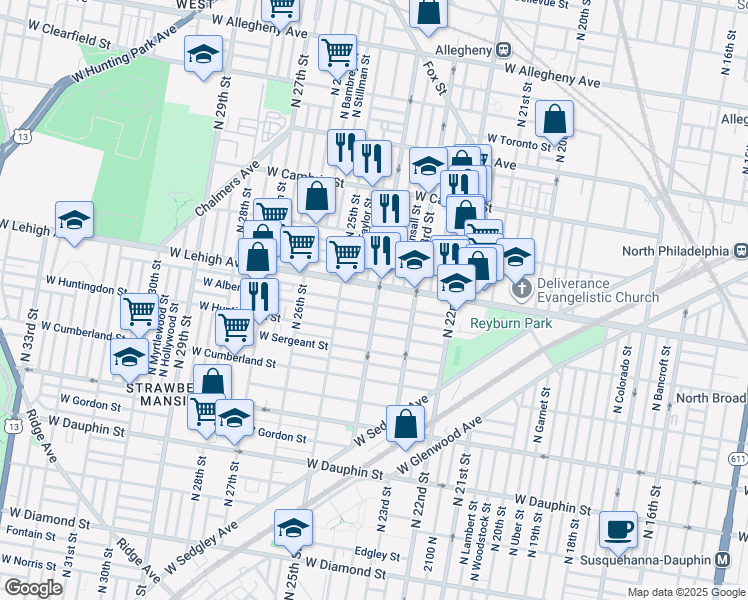 map of restaurants, bars, coffee shops, grocery stores, and more near 2636 North 24th Street in Philadelphia
