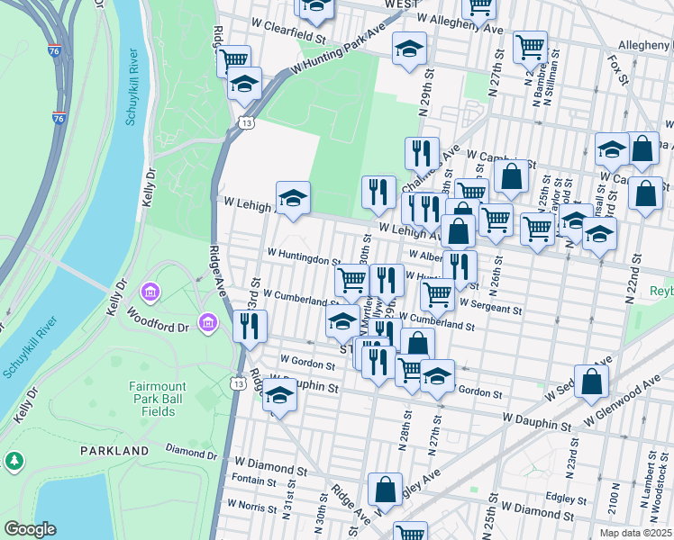 map of restaurants, bars, coffee shops, grocery stores, and more near 2558 North Stanley Street in Philadelphia