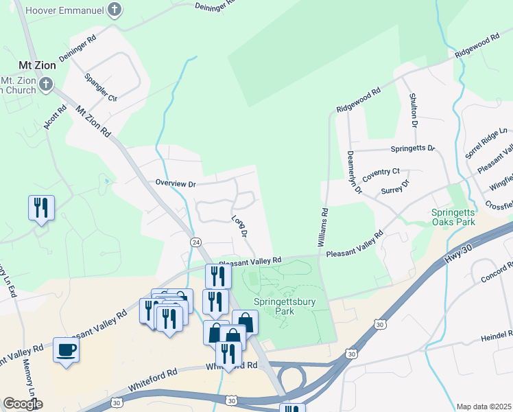 map of restaurants, bars, coffee shops, grocery stores, and more near 124 Carriage Hill Lane in York
