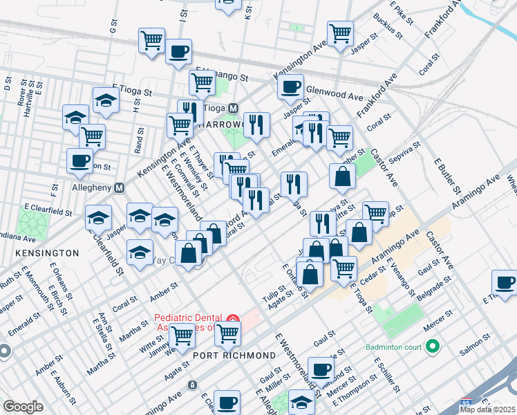 map of restaurants, bars, coffee shops, grocery stores, and more near 3420 Frankford Avenue in Philadelphia