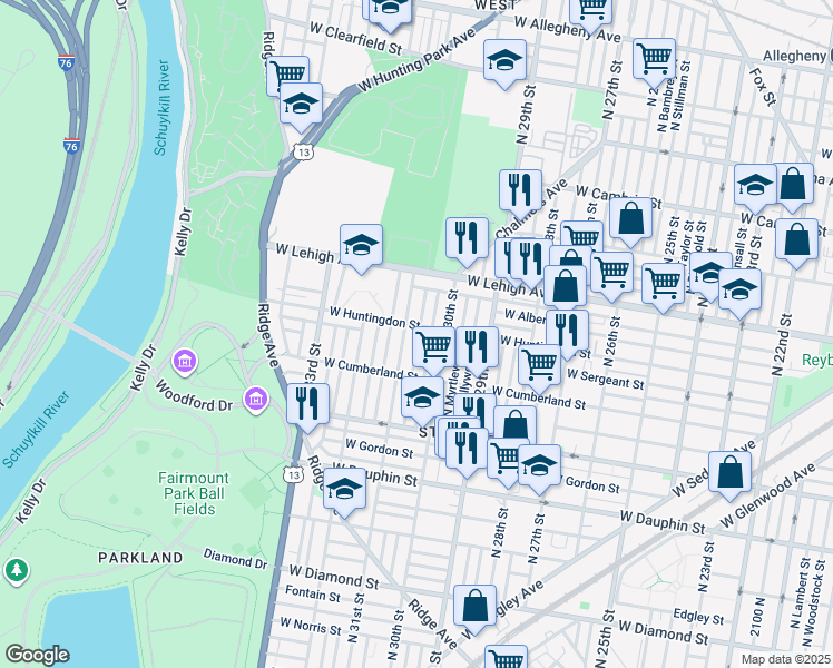 map of restaurants, bars, coffee shops, grocery stores, and more near 2558 North Stanley Street in Philadelphia
