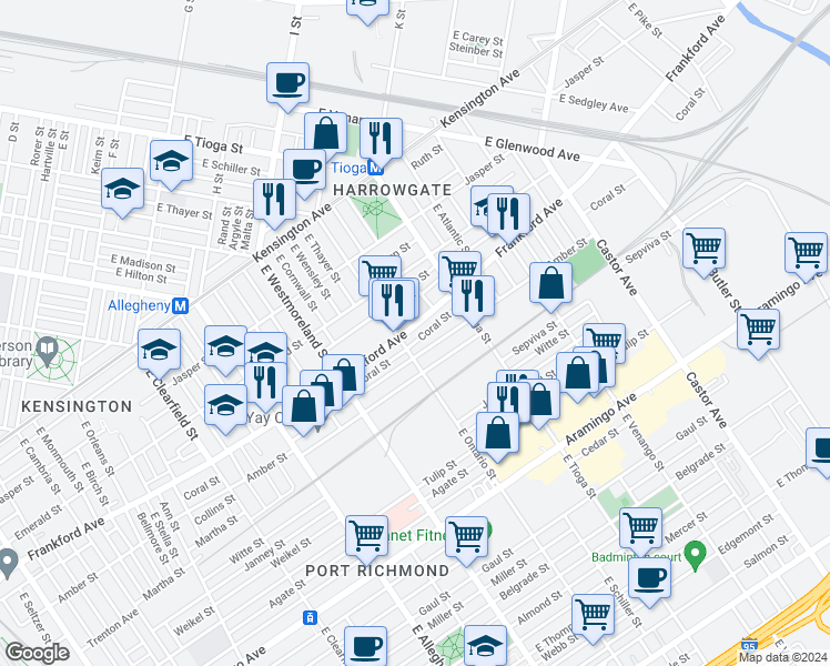 map of restaurants, bars, coffee shops, grocery stores, and more near 3417 Frankford Avenue in Philadelphia