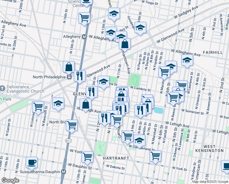 map of restaurants, bars, coffee shops, grocery stores, and more near 2828 North 11th Street in Philadelphia