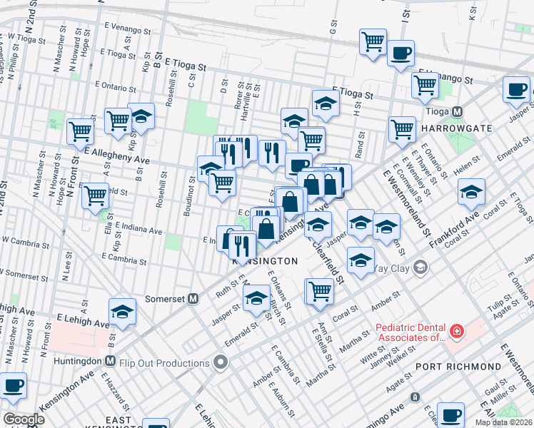 map of restaurants, bars, coffee shops, grocery stores, and more near 665 East Clearfield Street in Philadelphia