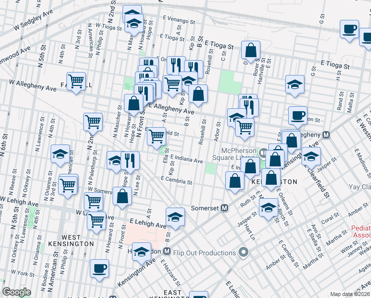 map of restaurants, bars, coffee shops, grocery stores, and more near 3034 B Street in Philadelphia