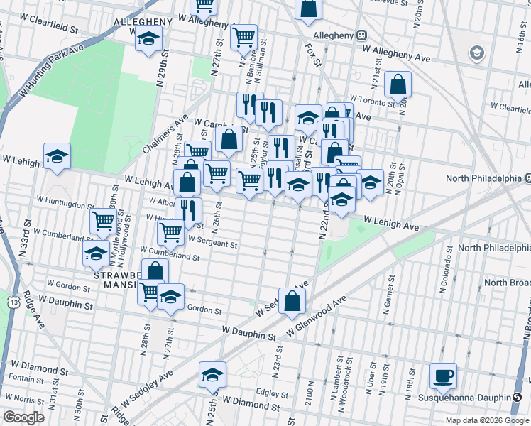 map of restaurants, bars, coffee shops, grocery stores, and more near in Philadelphia