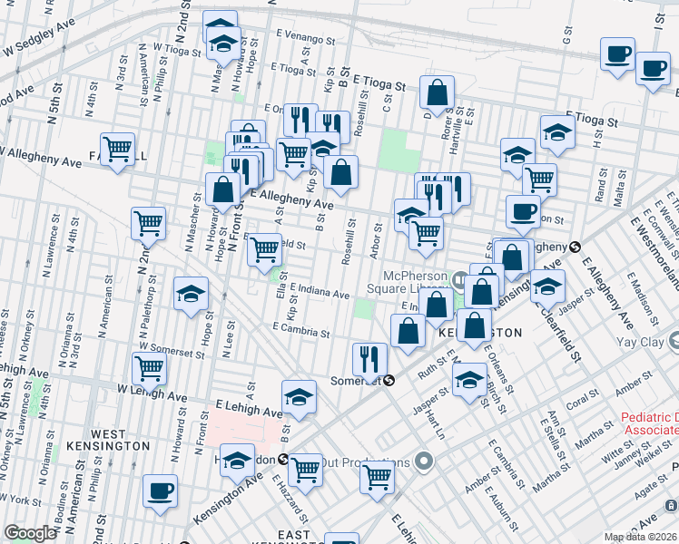 map of restaurants, bars, coffee shops, grocery stores, and more near 3038 Rosehill Street in Philadelphia