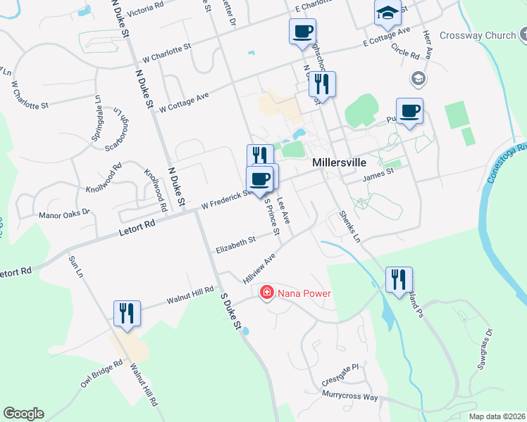 map of restaurants, bars, coffee shops, grocery stores, and more near 22 South Prince Street in Millersville