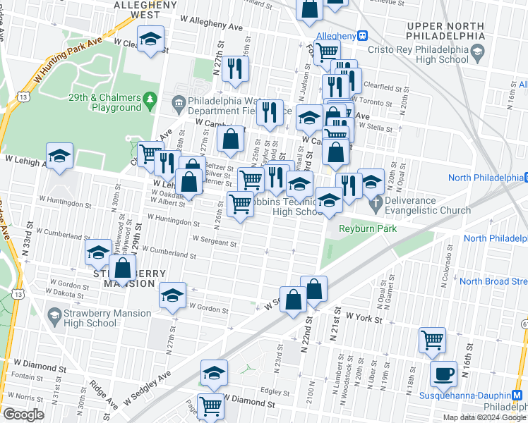 map of restaurants, bars, coffee shops, grocery stores, and more near 2417 West Oakdale Street in Philadelphia