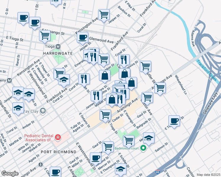 map of restaurants, bars, coffee shops, grocery stores, and more near 3601 Witte Street in Philadelphia