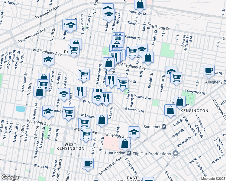 map of restaurants, bars, coffee shops, grocery stores, and more near 3004 North Lee Street in Philadelphia