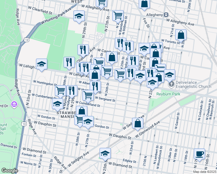 map of restaurants, bars, coffee shops, grocery stores, and more near 2637 North 26th Street in Philadelphia