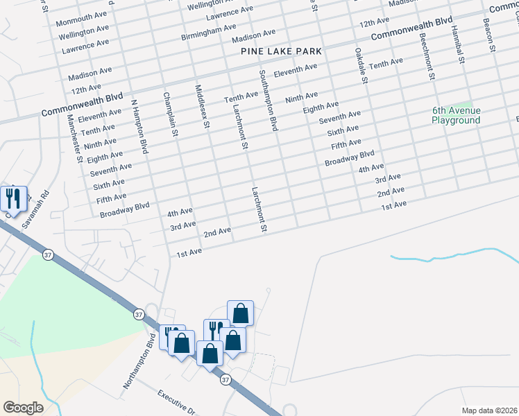 map of restaurants, bars, coffee shops, grocery stores, and more near 306 Larchmont Street in Toms River