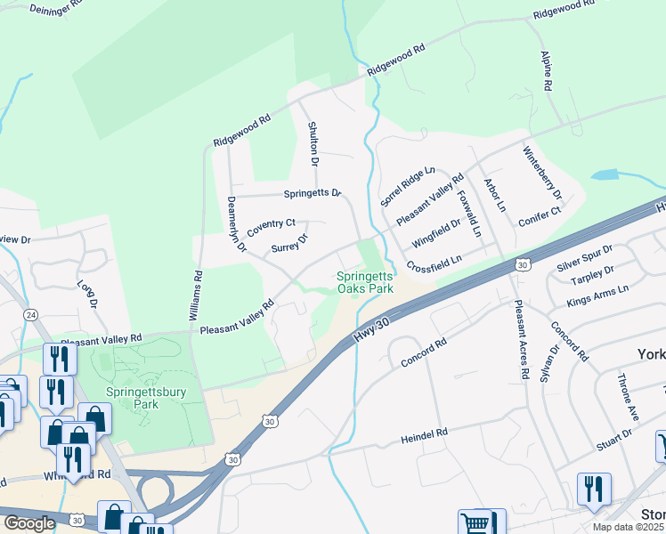 map of restaurants, bars, coffee shops, grocery stores, and more near 3648 Pleasant Valley Road in York