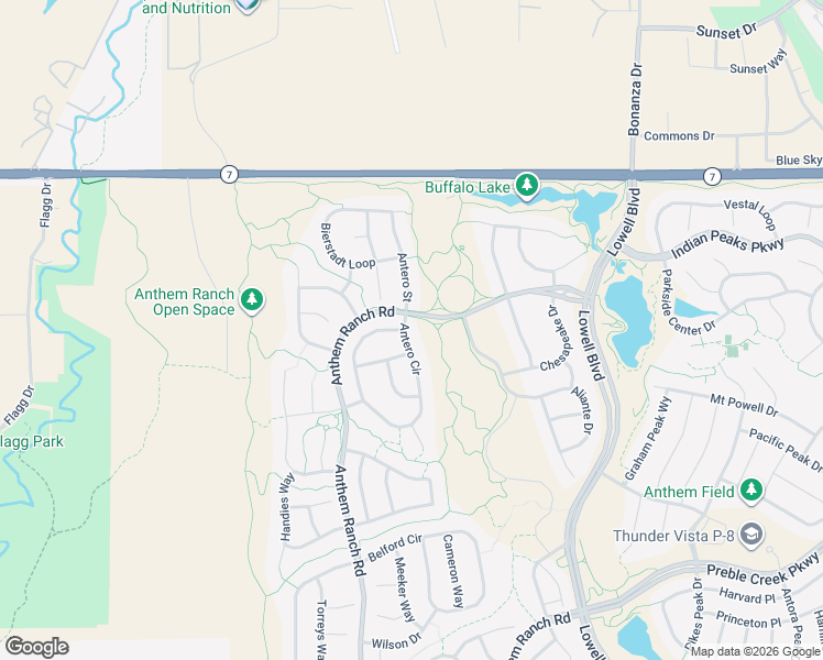 map of restaurants, bars, coffee shops, grocery stores, and more near 16675 Anthem Ranch Road in Broomfield